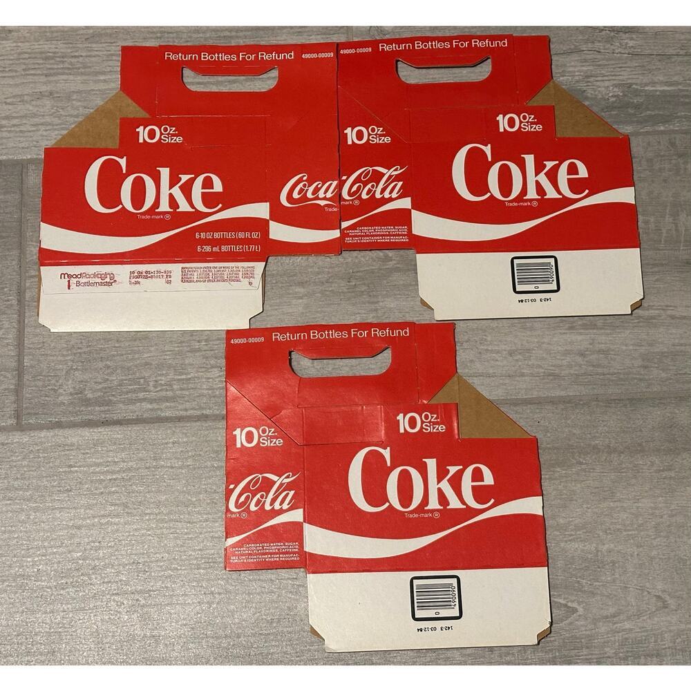Set of 3 Coca Cola Vintage 1970’s & 1980’s CARTON Coke Packaging 10Oz Bottles